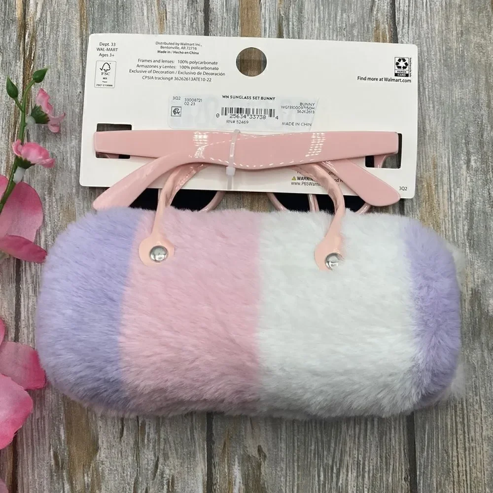 Girls Fun Summer Sunglasses With Unicorn & Bunny Faux Fur Carrying Cases